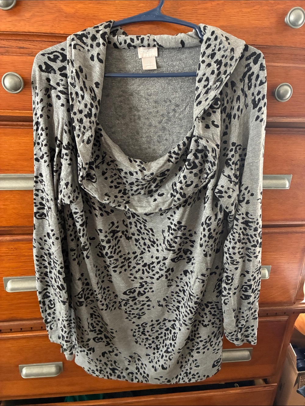 Chico's Gray and Black Leopard Cowl Neck Top